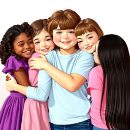 A warm and joyful scene featuring four girls in a heartfelt hug