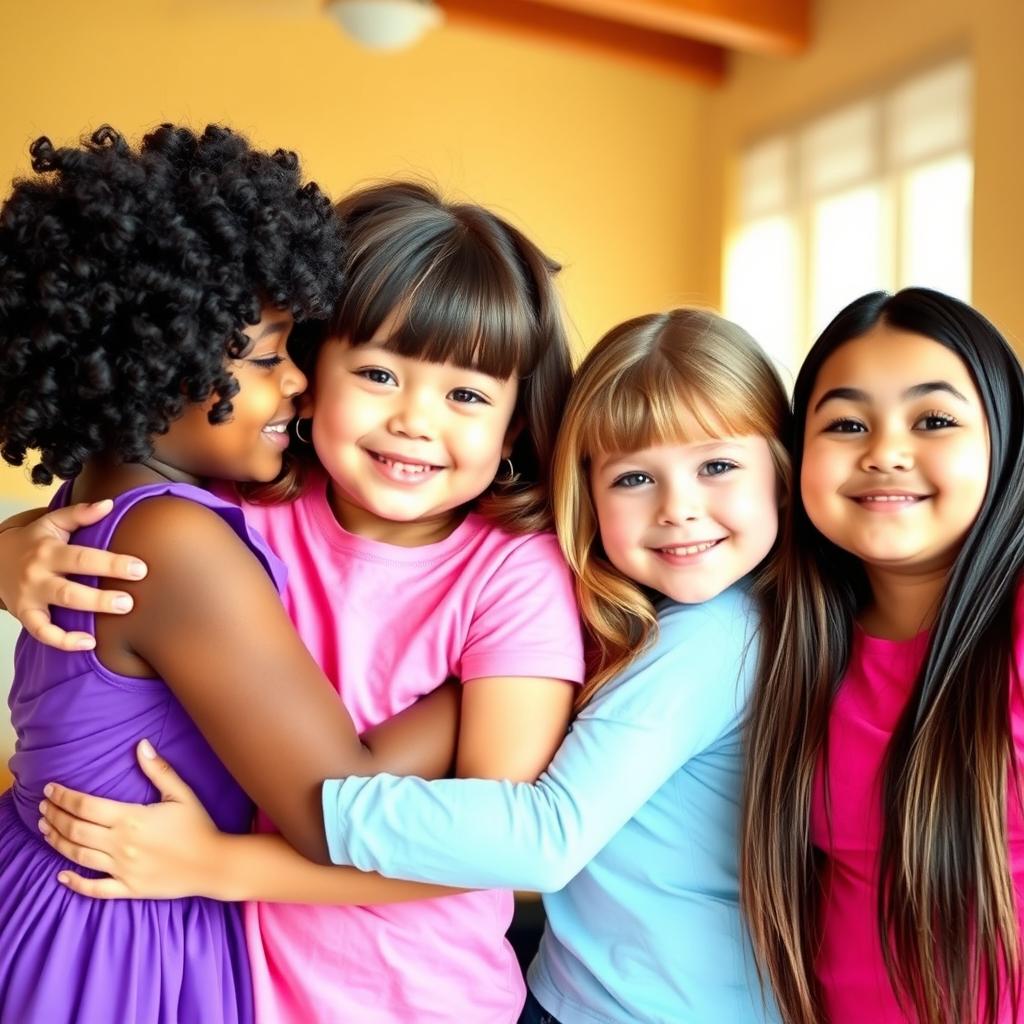 A warm and joyful scene featuring four girls in a heartfelt hug