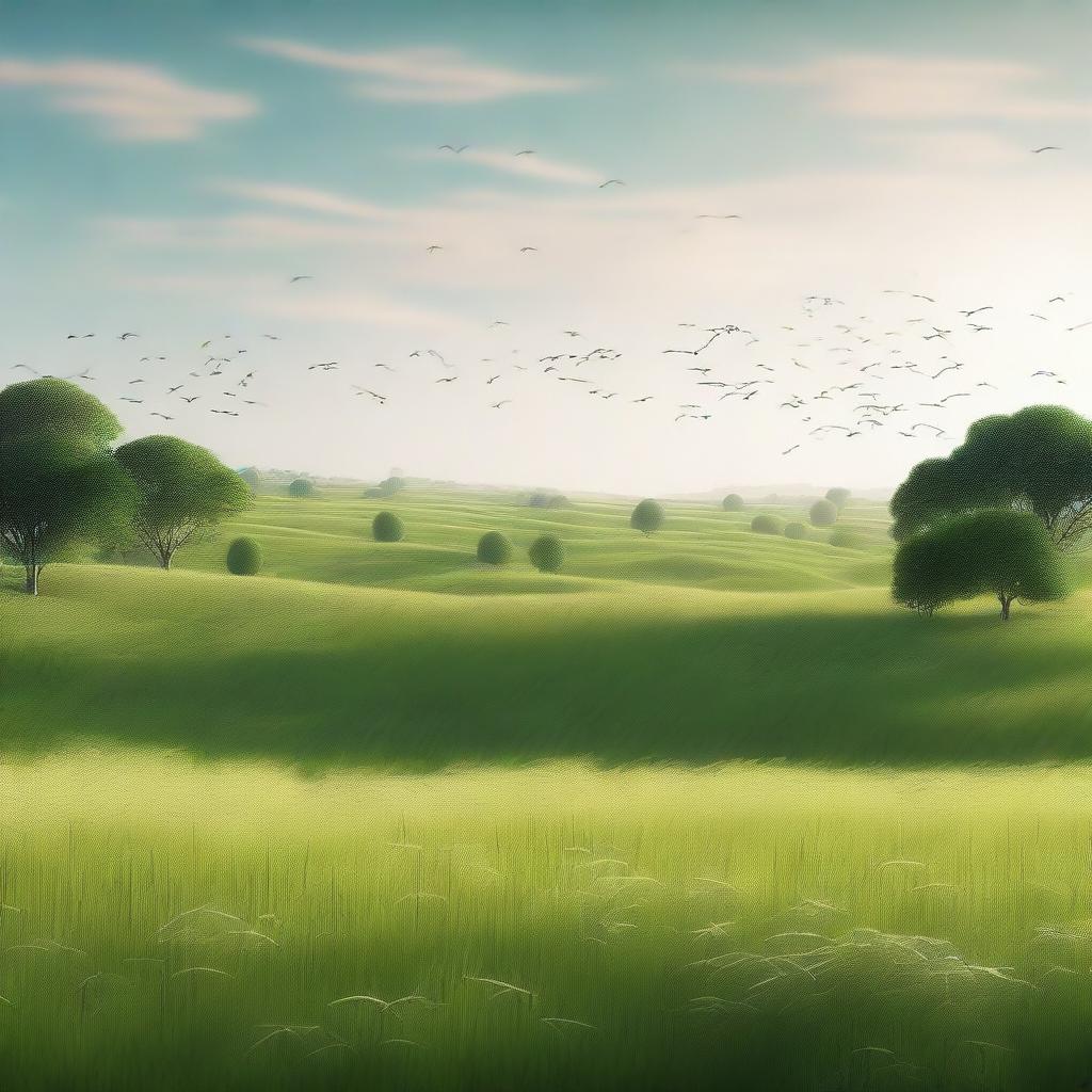 Render a high-quality digital image of a serene, green field, bathed in the soft glow of the afternoon sun