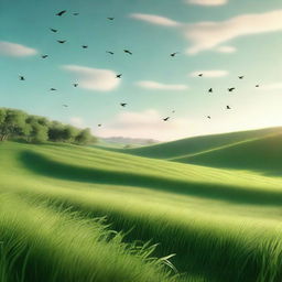 Render a high-quality digital image of a serene, green field, bathed in the soft glow of the afternoon sun