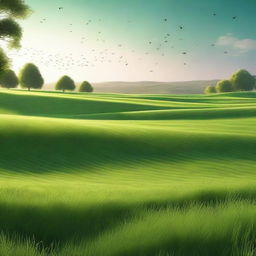 Render a high-quality digital image of a serene, green field, bathed in the soft glow of the afternoon sun