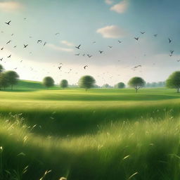 Render a high-quality digital image of a serene, green field, bathed in the soft glow of the afternoon sun