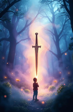 A magical atmosphere with a glowing kris (traditional dagger) at the center, surrounded by mist and sparkling lights, featuring the silhouette of a young boy standing in awe
