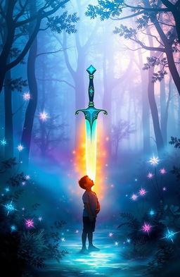 A magical atmosphere with a glowing kris (traditional dagger) at the center, surrounded by mist and sparkling lights, featuring the silhouette of a young boy standing in awe