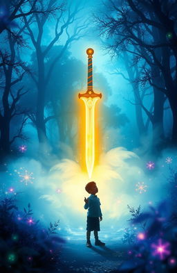 A magical atmosphere with a glowing kris (traditional dagger) at the center, surrounded by mist and sparkling lights, featuring the silhouette of a young boy standing in awe