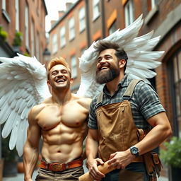A dimpled male bodybuilder angel with large white wings, wearing a bright smile and laughing joyfully, alongside his brother who is a cabinetmaker, in a charming London street filled with historic architecture