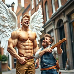 A dimpled male bodybuilder angel with large white wings, wearing a bright smile and laughing joyfully, alongside his brother who is a cabinetmaker, in a charming London street filled with historic architecture