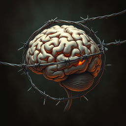 A highly detailed illustration of a human brain encased in barbed wire, showcasing a striking contrast between the organic texture of the brain and the sharp metallic spikes of the barbed wire