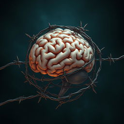 A highly detailed illustration of a human brain encased in barbed wire, showcasing a striking contrast between the organic texture of the brain and the sharp metallic spikes of the barbed wire