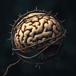 A highly detailed illustration of a human brain encased in barbed wire, showcasing a striking contrast between the organic texture of the brain and the sharp metallic spikes of the barbed wire
