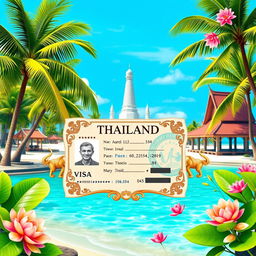 A vibrant and inviting image showcasing a visa for Thailand, creatively designed with tropical elements such as palm trees, beach scenery, and traditional Thai architecture in the background