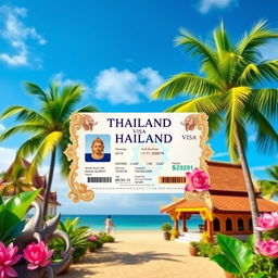 A vibrant and inviting image showcasing a visa for Thailand, creatively designed with tropical elements such as palm trees, beach scenery, and traditional Thai architecture in the background