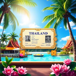 A vibrant and inviting image showcasing a visa for Thailand, creatively designed with tropical elements such as palm trees, beach scenery, and traditional Thai architecture in the background