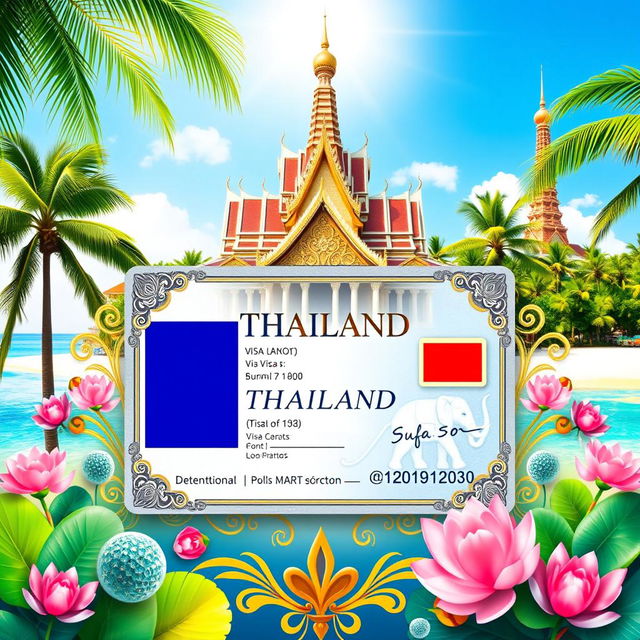 A vibrant and inviting image showcasing a visa for Thailand, creatively designed with tropical elements such as palm trees, beach scenery, and traditional Thai architecture in the background