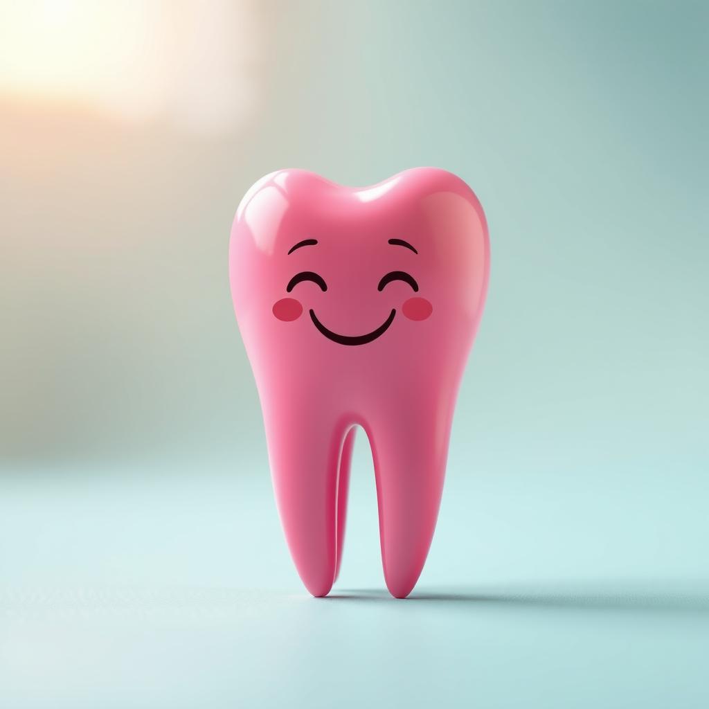 A single tooth depicted in a vibrant pink color, showcasing its shiny surface and the unique texture of enamel