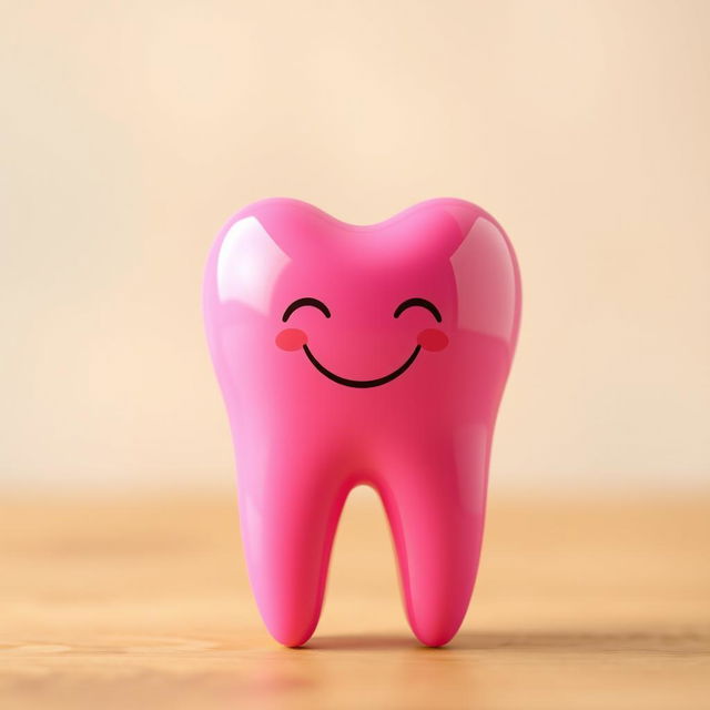 A single tooth depicted in a vibrant pink color, showcasing its shiny surface and the unique texture of enamel