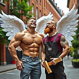 A dimpled, male bodybuilder angel with large white wings, laughing joyfully alongside his bald and bearded cabinetmaker brother in a picturesque London street