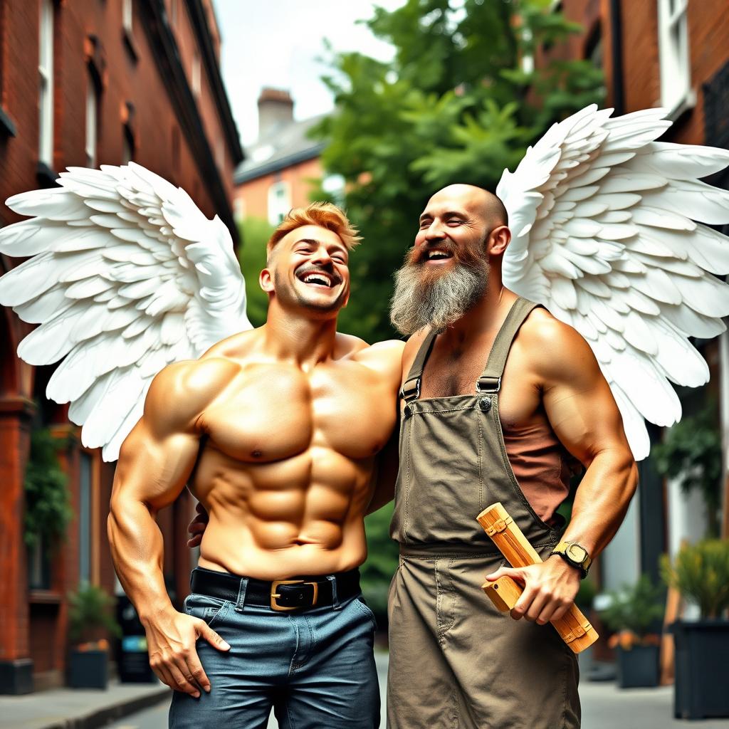 A dimpled, male bodybuilder angel with large white wings, laughing joyfully alongside his bald and bearded cabinetmaker brother in a picturesque London street