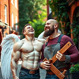 A dimpled, male bodybuilder angel with large white wings, laughing joyfully alongside his bald and bearded cabinetmaker brother in a picturesque London street
