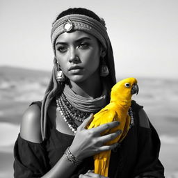 A black and white portrait of a young female character inspired by the Freeman tribe from the movie 'Dune'