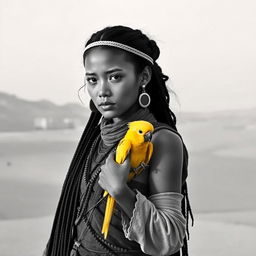A black and white portrait of a young female character inspired by the Freeman tribe from the movie 'Dune'