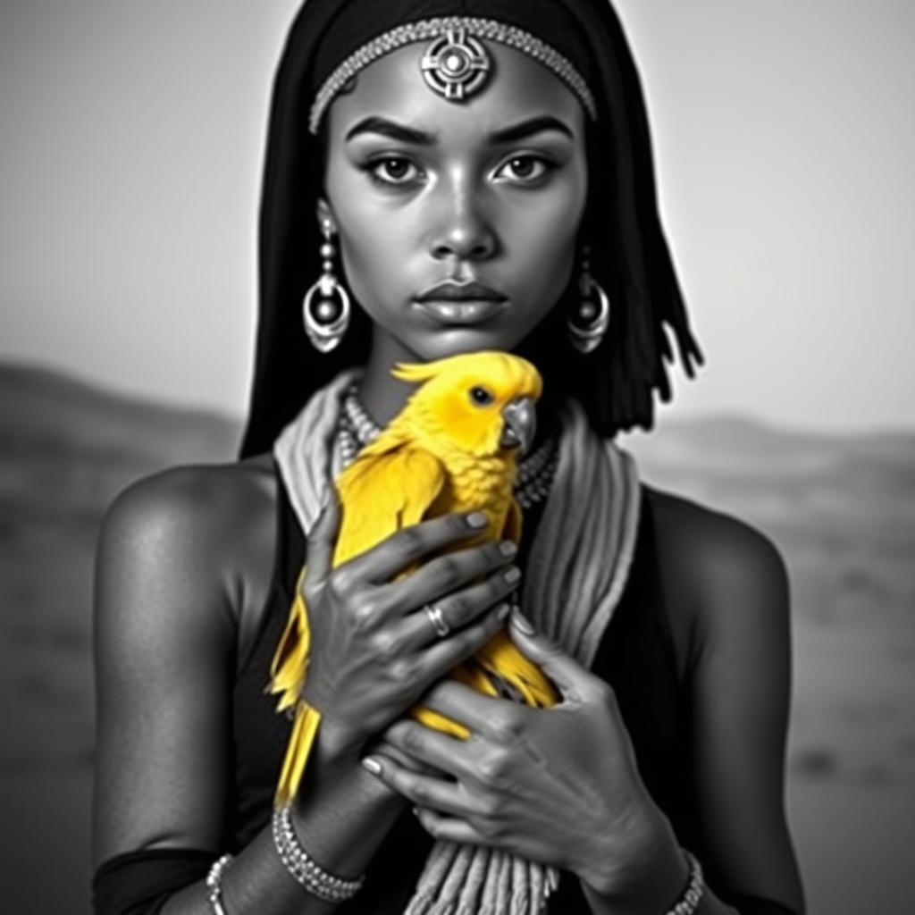 A black and white portrait of a young female character inspired by the Freeman tribe from the movie 'Dune'
