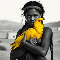 A black and white portrait of a young female character inspired by the Freeman tribe from the movie 'Dune'