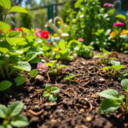 A lush garden scene featuring a rich variety of plants, including vibrant green leaves, colorful flowers, and healthy soil with visible earthworms and nutrients