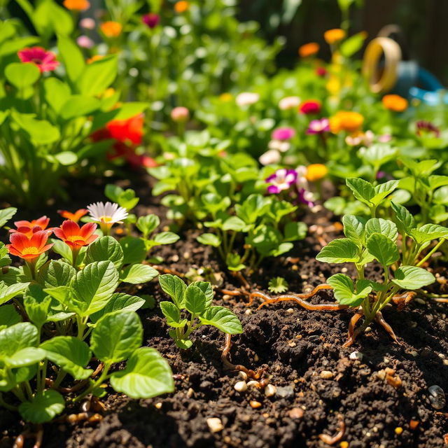 A lush garden scene featuring a rich variety of plants, including vibrant green leaves, colorful flowers, and healthy soil with visible earthworms and nutrients