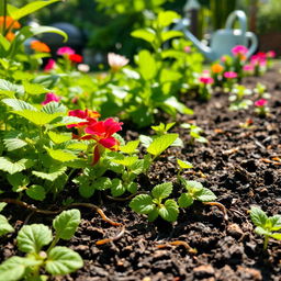 A lush garden scene featuring a rich variety of plants, including vibrant green leaves, colorful flowers, and healthy soil with visible earthworms and nutrients