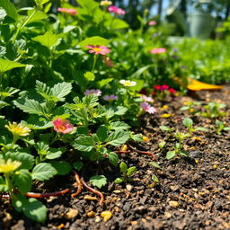 A lush garden scene featuring a rich variety of plants, including vibrant green leaves, colorful flowers, and healthy soil with visible earthworms and nutrients