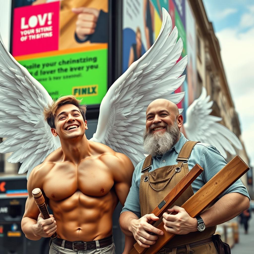 A dimpled, boyish male bodybuilder angel with large white wings, laughing heartily under a colorful London billboard, alongside his bald and bearded cabinetmaker brother