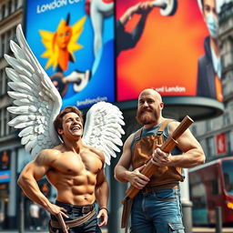 A dimpled, boyish male bodybuilder angel with large white wings, laughing heartily under a colorful London billboard, alongside his bald and bearded cabinetmaker brother