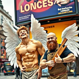A dimpled, boyish male bodybuilder angel with large white wings, laughing heartily under a colorful London billboard, alongside his bald and bearded cabinetmaker brother
