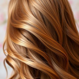 A close-up of a stunning head of hair, showcasing long flowing waves with a rich caramel color