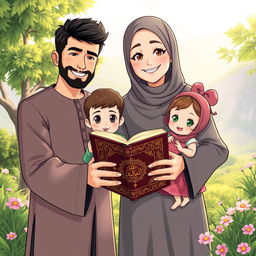 An anime-style illustration of a Syrian Muslim family, comprising a 30-year-old father with dark hair and a beard, a 26-year-old mother with a headscarf and a warm smile, a 3-year-old boy with big curious eyes and a playful expression, and a 1-year-old girl in a cute dress, all standing together in a serene natural setting with lush greenery and flowers around them
