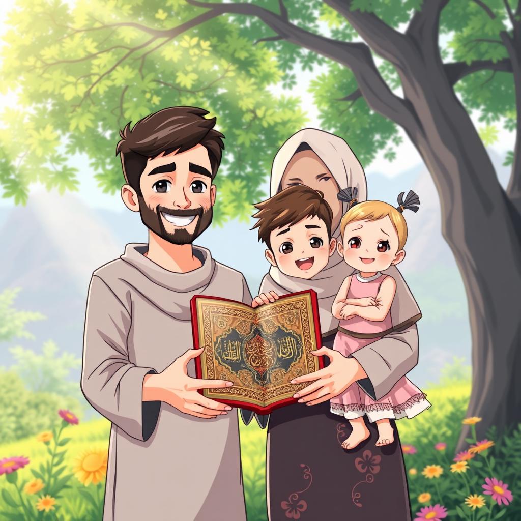 An anime-style illustration of a Syrian Muslim family, comprising a 30-year-old father with dark hair and a beard, a 26-year-old mother with a headscarf and a warm smile, a 3-year-old boy with big curious eyes and a playful expression, and a 1-year-old girl in a cute dress, all standing together in a serene natural setting with lush greenery and flowers around them