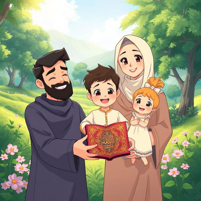 An anime-style illustration of a Syrian Muslim family, comprising a 30-year-old father with dark hair and a beard, a 26-year-old mother with a headscarf and a warm smile, a 3-year-old boy with big curious eyes and a playful expression, and a 1-year-old girl in a cute dress, all standing together in a serene natural setting with lush greenery and flowers around them