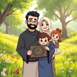 An anime-style illustration of a Syrian Muslim family, comprising a 30-year-old father with dark hair and a beard, a 26-year-old mother with a headscarf and a warm smile, a 3-year-old boy with big curious eyes and a playful expression, and a 1-year-old girl in a cute dress, all standing together in a serene natural setting with lush greenery and flowers around them