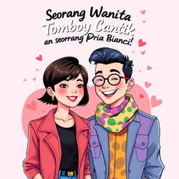 A colorful and vibrant cover illustration for a novel titled 'Seorang Wanita Tomboy Cantik dan Seorang Pria Banci'