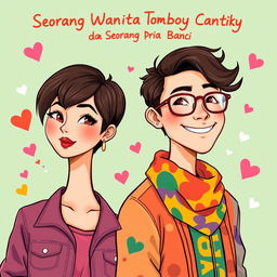 A colorful and vibrant cover illustration for a novel titled 'Seorang Wanita Tomboy Cantik dan Seorang Pria Banci'