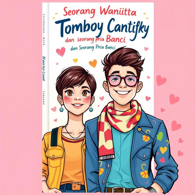 A colorful and vibrant cover illustration for a novel titled 'Seorang Wanita Tomboy Cantik dan Seorang Pria Banci'