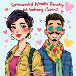 A colorful and vibrant cover illustration for a novel titled 'Seorang Wanita Tomboy Cantik dan Seorang Pria Banci'