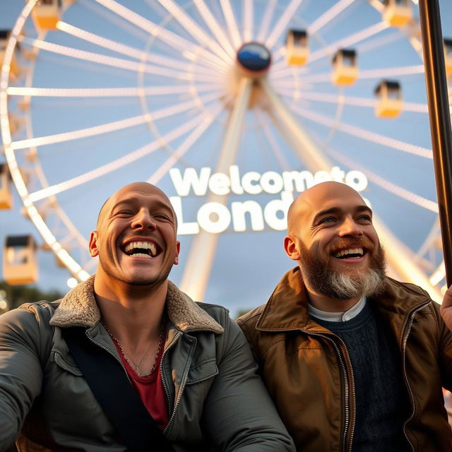 A joyous scene featuring two bald brothers enjoying a ride on a Ferris wheel in London