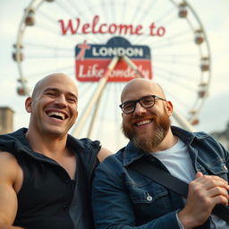 A joyous scene featuring two bald brothers enjoying a ride on a Ferris wheel in London