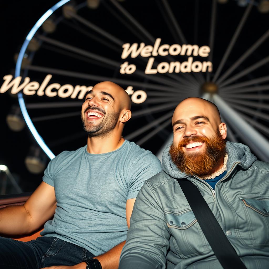 A joyous scene featuring two bald brothers enjoying a ride on a Ferris wheel in London