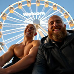 A joyous scene featuring two bald brothers enjoying a ride on a Ferris wheel in London