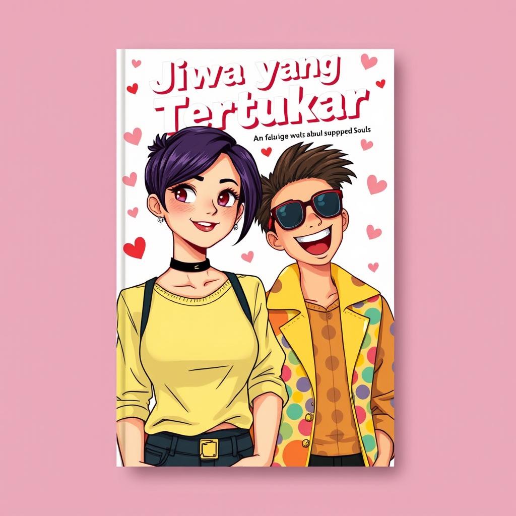 A captivating cover illustration for the novel titled 'Jiwa yang Tertukar', featuring a beautiful tomboy woman with a stylish short haircut and fashionable casual attire, embodying confidence and charm