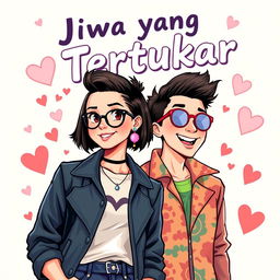 A captivating cover illustration for the novel titled 'Jiwa yang Tertukar', featuring a beautiful tomboy woman with a stylish short haircut and fashionable casual attire, embodying confidence and charm