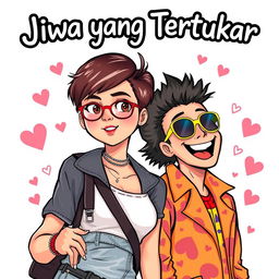 A captivating cover illustration for the novel titled 'Jiwa yang Tertukar', featuring a beautiful tomboy woman with a stylish short haircut and fashionable casual attire, embodying confidence and charm